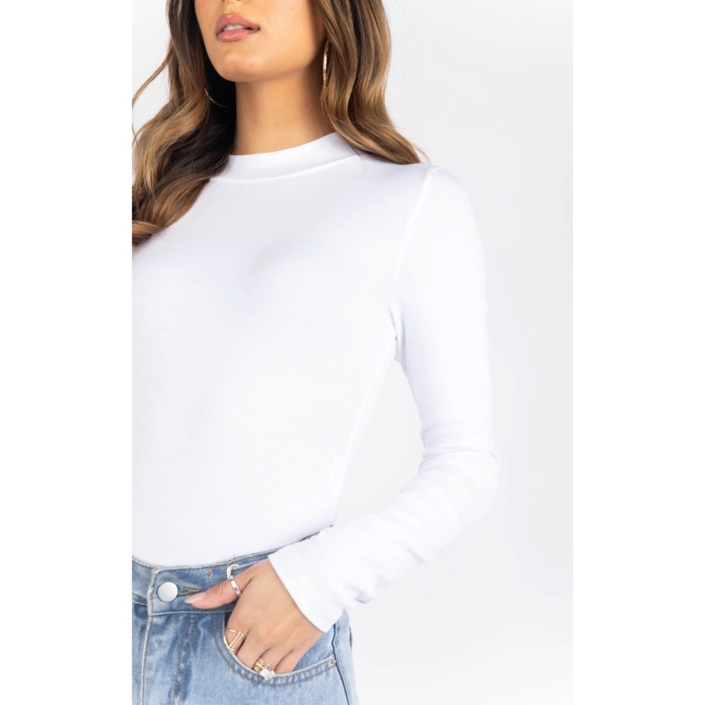 Kittenish Stay Simple White Mock Neck Bodysuit